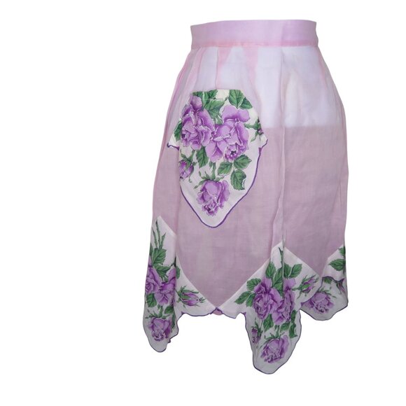 Vintage Handmade Sheer Pink Half Apron Floral Vintage Linen Hanky Trim & Pocket - Picture 3 of 11
